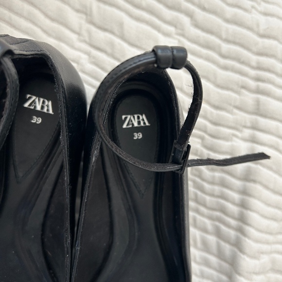 ZARA Flat Open Pointed Toe Black Leather Ballet Flats - Picture 7 of 11